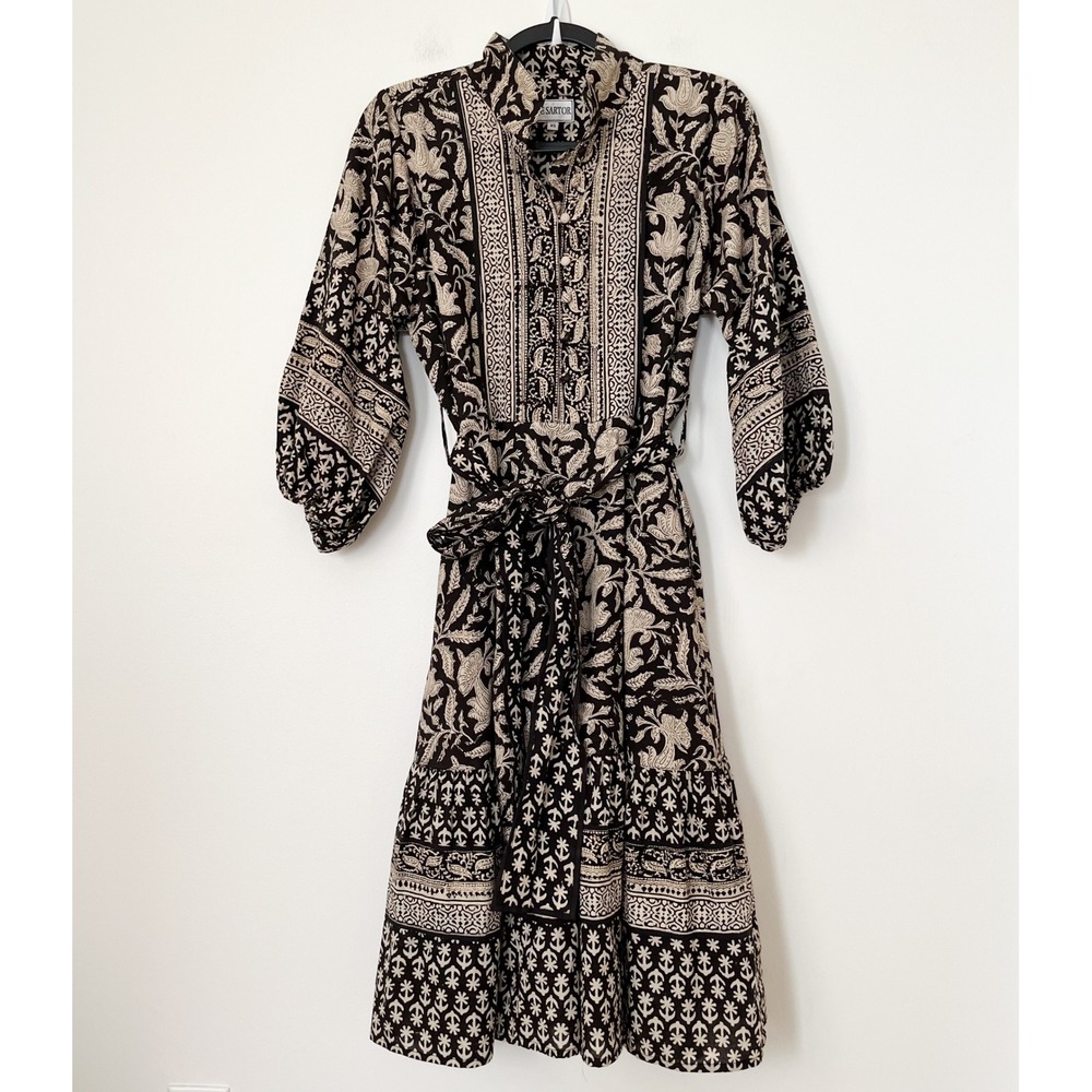 Sue Sartor Paloma Flounce Block Print Dress Tie Belt Womens XS Black Cream
